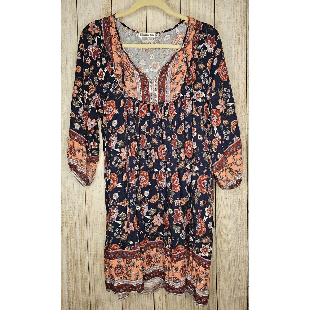 Temofon Womens Floral Boho Tunic Dress Size L Navy Orange 3/4 Sleeve Casual